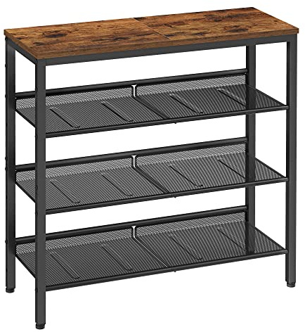 VASAGLE Scarpiera, Scaffale Portascarpe da Ingresso a 4 Livelli con Piano Ampio e Ripiani di Rete Regolabili, Slim, per Entrata Corridoio, Marrone Vintage e Nero Inchiostro LBS040B01