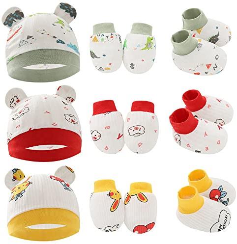 Newborn Baby Hats Mittens Socks Set 3 Pairs Infant Caps & Foot Covers Hospital Hat Beanie Infant Bow Hats Baby Cotton Gloves No Scratch Mittens for 0-6 Months Newborn Essentials Accessories