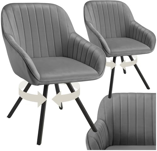 tectake® drehbare Esszimmerstühle mit Armlehne, Schalenstuhl ergonomisch mit Samt Bezug, gesteppt, Stühle drehbar für Wohnzimmer, Esstisch, Arbeitszimmer, Schminktisch, Küchenstühle - 2er Set, grau