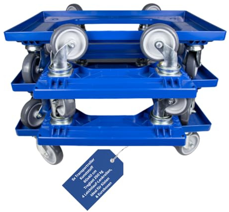 BADfabrik24 Transportroller Kunststoff 60x40 cm Blau, 5 Stück – 4 Leichtlauf-Lenkrollen, Traglast 250 kg – ideal für Kisten & Euroboxen, stabile Transporthilfe