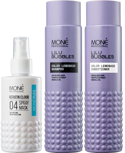 MONÉ PROFESSIONAL - Set Cuidado Cabello Rubio y Decolorado: Spray 10 en 1 Sin Aclarado (150 ml), Champú Nutritivo (300 ml) y Acondicionador Restaurador Color (300 ml)