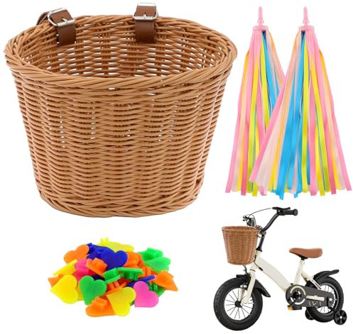TOKSEO Cesta delantera para bicicleta infantil, extraíble, trenzada, cesta para bicicleta con cuentas de radios y flecos para manillar, accesorios para bicicletas infantiles, triciclos infantiles,