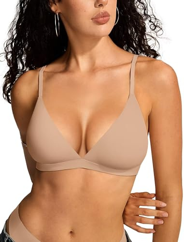 Vertvie Women's Wireless Triangle Bralette Plunge Unlined Seamless Bras Non Wired Sexy Comfortable Unpadded Everyday Bra (Nude,S)