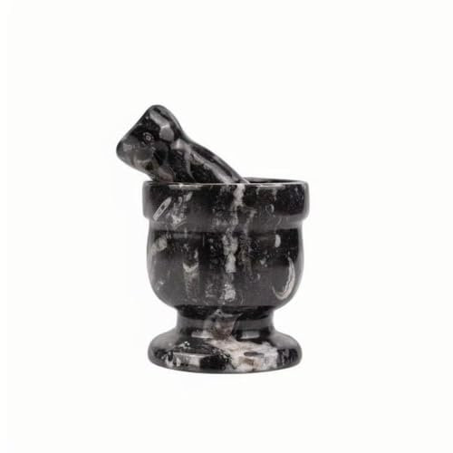 Mortier et pilon en pierre de sphalérite naturelle pour écraser les herbes et les épices – Texture marbre noir fabriquée à la main – Parfait pour une utilisation en cuisine et décoration d'intérieur