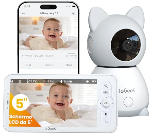 ieGeek Baby monitor con Audio e Video 2K, Telecamera Wi-Fi per Bambini con Visione Notturna, Display LCD da 5 Pollici, PTZ 355°, Comunicazione Bidirezionale, Rilevamento Pianto/Movimento, App Mobile