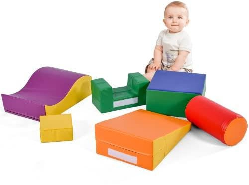 vutizal Lot de 6 blocs de construction en mousse, jouets de motricité, avec escalier, toboggan, cadre d'escalade, parcours d'éveil, intérieur imperméable à l'eau à partir de 1 an, pour enfants EN71