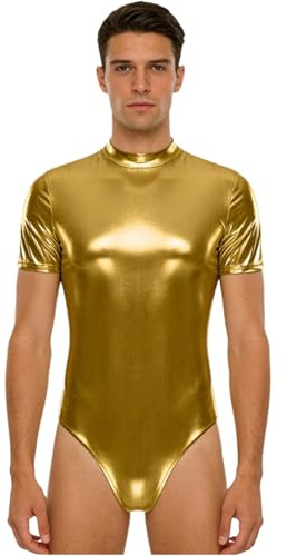 inhzoy Camicia Body da Ballo Latino Americano Tango Uomo Lucido Balletto Leotards Body Ginnastica Ritmica Danza Classica Moderna Jumpsuit Sportiva da Allenamento Dancewear Oro L