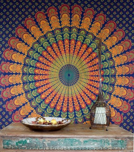 Boho Wandbehang, indische Mandala Tagesdecke, Baumwolle, blau/orange/grün | Vielseitig einsetzbar, Überwurf oder Wandbehang, einzigartiger Mandaladruck, pflegeleicht und langlebig