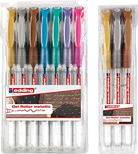 edding 2185 Gel-Roller (Metallic-Farben), 7+3-Stück, 0,7mm | 7er Sortierung + Metallic Grundfarben Extra