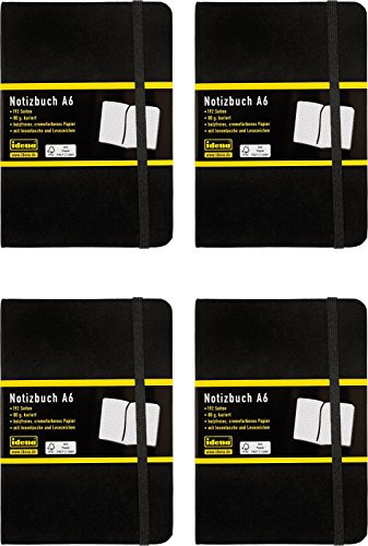 Idena Notizbuch A6, 192 Seiten mit Innentasche und Lesezeichen, 80 g/m², FSC, schwarz (4, A6 kariert)