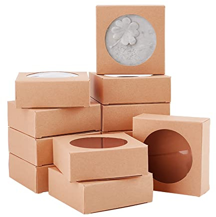 BENECREAT 24-pack kraftpapperslådor med genomskinligt fönster, 8 x 8 x 3 cm, burlywood presentförpackningslådor för bagerikakor, godis, bröllopsfestfavörer