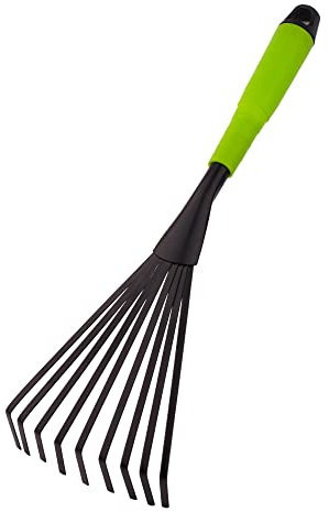 Mivos Hand-Fächerbesen aus Stahl mit 9 Elastische Zinken - Handrechen für Laub Unkraut Grasschnitt – Laubbesen für Garten - Kleinfächerbesen zum Reinigen - Arbeitsbreite 12 cm