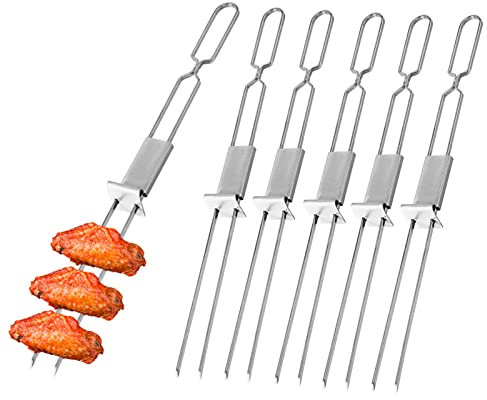 Palitos de kebab de pollo, 6 pinchos de kebab de acero inoxidable de doble extremo planos con varilla de empuje, brochetas de kebab de metal reutilizables para barbacoa de carne y verduras