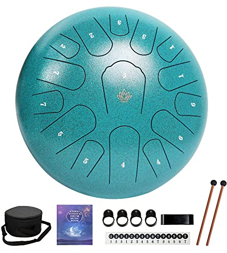 Rain Drum for Outside Garden,Steel Tongue Drum 12 Inches 15 Notes Musical Instruments, Handpan Drum Percussion Instrument, with Soft Bag, Music Book, 2 Mallets, for Meditation or Yoga (Green)