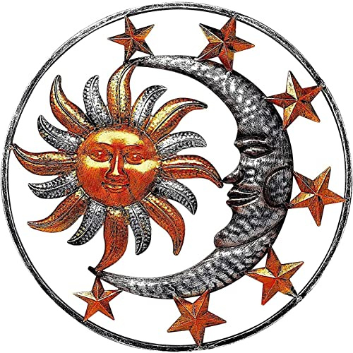 Tuzsocr Sun and Moon Wall Art Metal Wall Decoration, Outdoor Celestial Wall Art Sculpture, Rustic Vintage Metal Moon Star Wall Sign, for Home Living Room Bedroom (Brown)