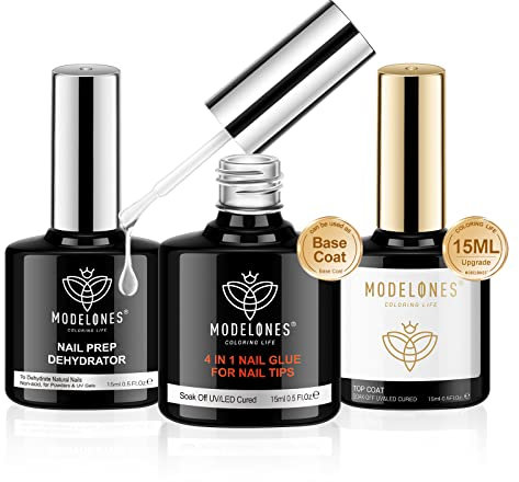 modelones 4 in 1 Nagelkleber und Top Coat Gel Uv und Nail Primer Set, 3 x 15Ml UV LED Gel Nagellack Base Coat Top Coat Uv, Nagelkleber für Kunstnägel Uv Top Coat, Überlack Nägel Gellack Maniküre Set