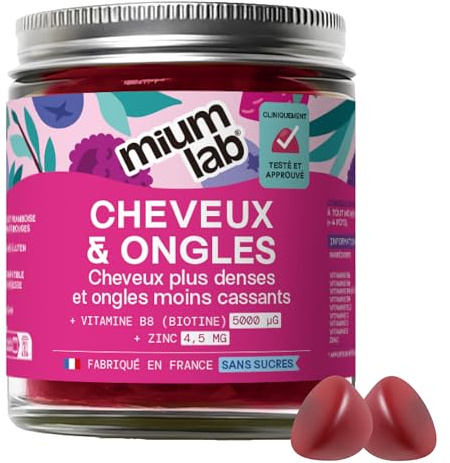 Mium Lab - Cure 21 jours - Pousse & Fortification Cheveux et des Ongles - Cliniquement testé & Hautement dosé (10000% Biotine) | Gummies Goût Fruits Rouges Sans Sucre | Fabriqués en France
