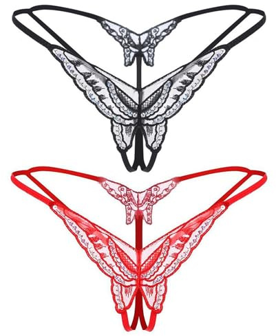 Damen Spitze Sexy Tanga,2 Stück Offener Slip,Sexy Unterwäsche Für Frau Erotisch,Niedrige Taille,Offener Schritt,V-String,G-String,Tangas,Schmetterlingsunterwäsche mit Offenem Schritt (Schwarz, Rot)