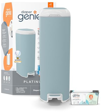 Diaper Genie Il secchio Platinum (blu laciale) è realizzato in resistente acciaio inossidabile e include 1 ricarica facile da rotolare con 18 sacchetti che possono durare fino a 5 mesi.