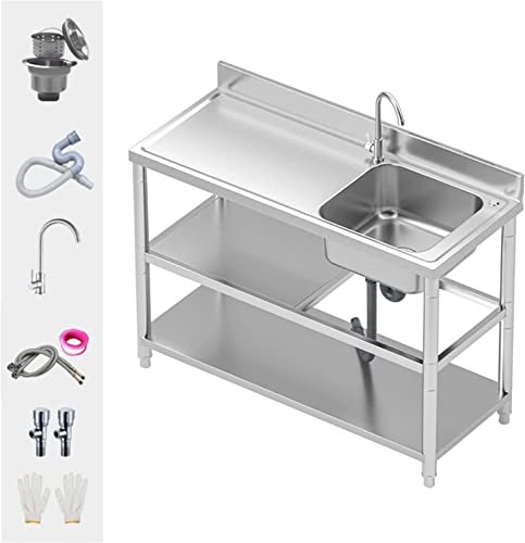 Waschbecken für zu Hause, Küchenspülen, 80/90/100/120 cm, gewerbliche Küchenspüle, Einzelbecken, 304 Edelstahl, Campingspüle, Waschküche, Spüle mit Arbeitstisch und verstellbaren Füßen, mit