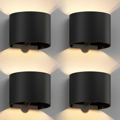 ledscom.de 4x Wandleuchte RUNEL für außen, IP65, Up-/Downlight, Bewegungsmelder, schwarz matt, rund, 1x G9 max. 10W