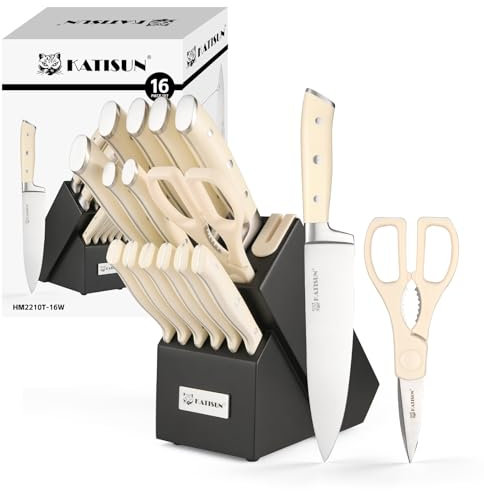 KATISUN 16-Piece German Steel Knife Set with Polished White Handles, Knife Block & Sharpener — Professional Complete Kitchen Cutting Solution