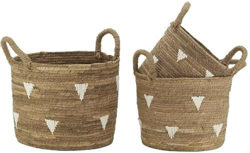 AUBRY GASPARD - Cache-Pots en Bananier et Coton - Lot de 3 - Naturel Motifs Triangles Blancs - Dimensions Ø 29-38 cm, Hauteur 24-33 cm - Anses Corde - Parfait Intérieur et Extérieur