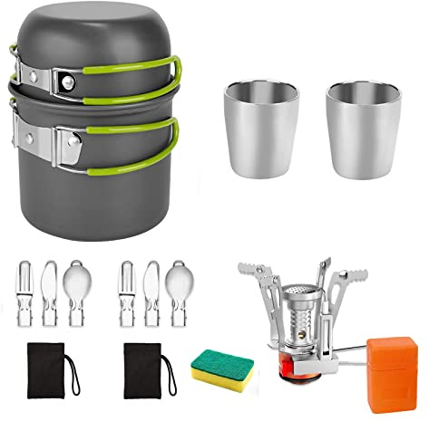 13pcs Outdoor Camping Cookware Stove Mess Kit,Camping Pot and Pan Set with Mini Backpacking Stove,Stainless Steel Cup, Knife Fork and Spoon Set for Backpacking, Camping Hiking and Picnic