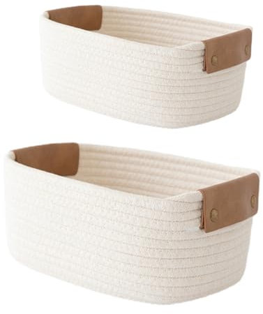 2er Set Aufbewahrungskorb Geflochten Baumwollseil Körbe, Bad Wickeltisch Organizer Rechteckig Flechtkorb Mit Leder Griff, Stapelbare Dekorative Körbe Für Schminke Spielzeug