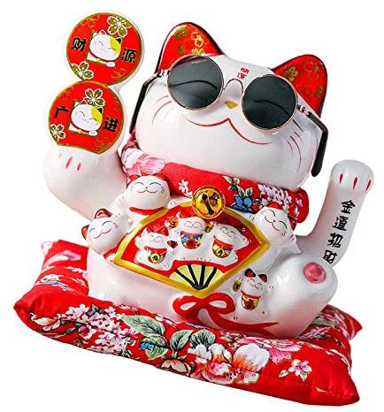 Maneki Neko Glücksbringer aus Keramik, Heimdekoration, Porzellanornamente, niedliche Glücksbringer, Fengshui-Kunsthandwerk, Skulpturen – Fächer, Sonnenbrille, Kodierung/243 ( Color : Currency Sunglass