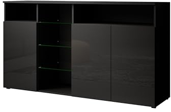 MB Muebles Bonitos | Sideboard Wohnzimmer | Breite 150 x Höhe 82 x Tiefe 40 cm | Modern | Farbe Schwarz mit Hochglanz Finish | 3 Türen | LED | Wohnzimmer TV Schrank | Modell Clark L