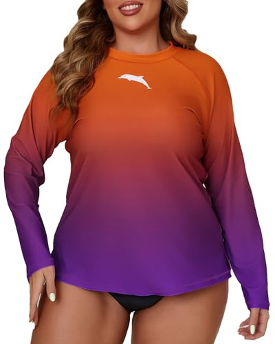 Halcurt Women's Plus Size Long Sleeve Rash Guard Shirts Swim Top UPF50+ Sun Protection Loose Fit Quick Dry Swimsuit Black Ombre Orange Hot Pink 2X