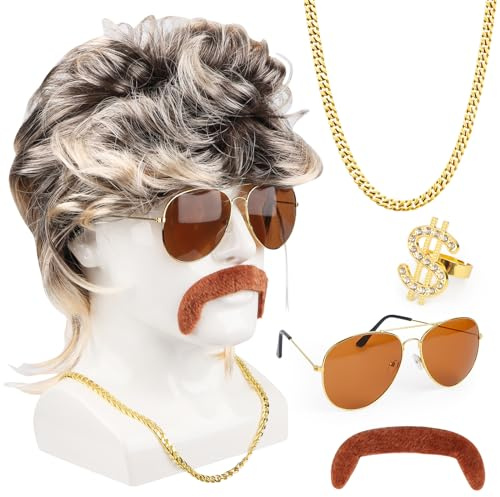 Fonyet Perruque mulet homme annee 70 80 deguisement disco homme avec moustache, collier, bague et lunettes de soleil pour cosplay, Halloween, fêtes costumées, etc