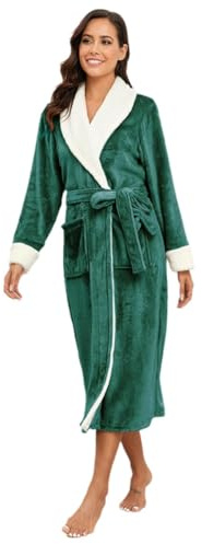 RONGTAI Damen Plüsch-Fleece-Bademantel_ langer Bademantel mit zwei Seitentaschen und Gürtel_ warmer und kuscheliger flauschiger Schlafanzug (Smaragdgrün_ M)
