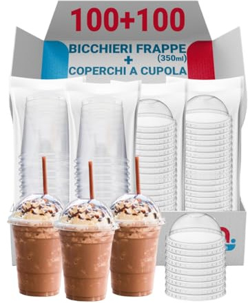 G.M. DISTRIBUZIONE 100 Bicchieri Frappè in PP da 350 ml + 100 Coperchi A Cupola in PS, Bicchieri e Coperchi Riutilizzabili Trasparenti, Bicchiere Riutilizzabile Alta Qualità per Bar e Gelaterie