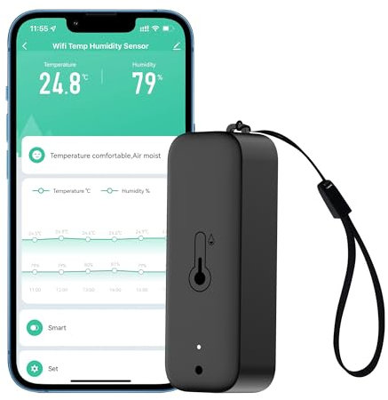 Smart igrometro termometro: impermeabile umidità e sensore di temperatura con notifica di allarme app, sensore WiFi automagnetico per interni esterni, compatibile Alexa (1 PC, nero)