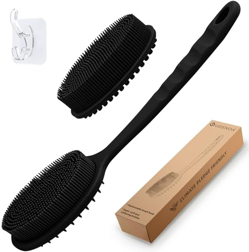 GEENOA Limpiador de espalda para ducha, limpiador corporal de silicona suave, esponja de silicona suave con asa, cepillo de baño con dos cabezales de cepillo reemplazables (negro, dos cabezas)