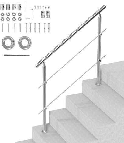 VEVOR Corrimano per Gradini Esterni, Kit Corrimano per Scale 2 Traverse 120 cm Lunghezza, Ringhiere Transizione Acciaio Inox Kit Installazione, Corrimano Scale Doppia Colonna per Veranda e Terrazza