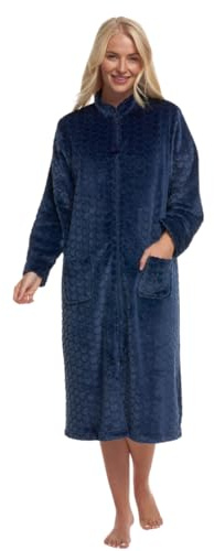 Suzy & Me Ladies Zip Front Soft Embossed Fleece Dressing Gown (NAVY 28-30)