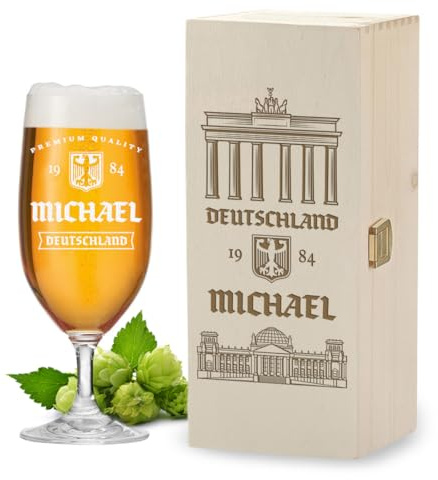 polar-effekt Leonardo Pilstulpe 0,3 Liter & Holzkiste mit personalisierter Gravur - Biergeschenke zum Geburtstag für Männer - Glas für Pils, Lager und Export