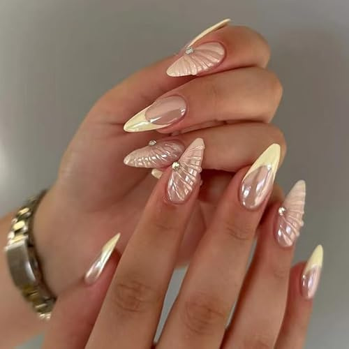 Kotkiddy 24 Stück French Tip Press on Nails Gelbe Mittel Mandel 3D Muscheln Linien Falsche Nägel Mit Juwelsteinen Wiederverwendbare Laser Akrylnägel Aufnageln Vollumfängliche