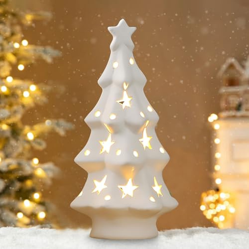 Weihnachtsdeko Beleuchtet Weihnachtsbaum, LED Mini Weihnachtsbaum Deko Figuren aus Keramik, Hohl Geschnitzte Weihnachtsbaum mit LED Licht Batteriebetrieben für Weihnachtsdeko Innen, Tischdeko (Weiß A)