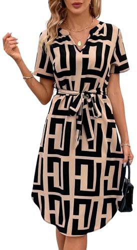 SweatyRocks Damen Hemdkleid Elegant Blusenkleid Kurzarm A Linie Tunikakleid Casual Sommerkleid Shirtkleid Knielang Kleid mit Gürtel Khaki XL
