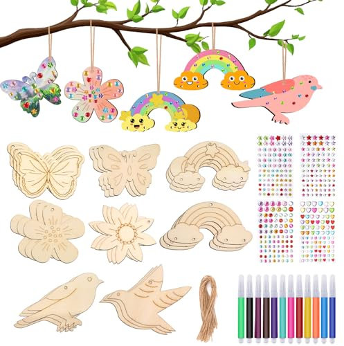 Deepton 64 Stück Bastelsets für Kinder, Basteln Kindergeburtstag ab 4 5 6 7 8 9 Jahre, Schmetterling Blume Vogel Regenbogen Holzanhänger zum Bemalen DIY Kindergeburtstag Basteln für Jungen Mädchen