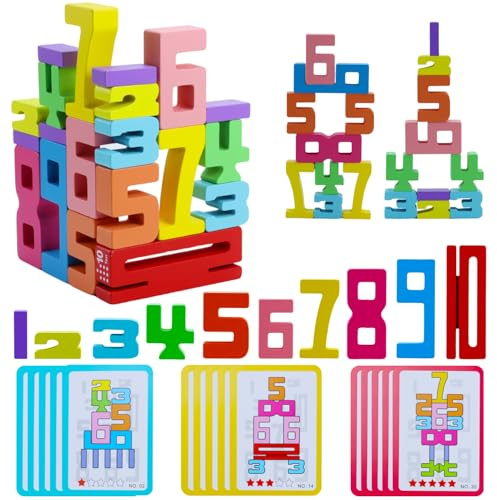 Aischens Bloc de Chiffres en Bois Montessori pour Enfants, Jouets Empilables Colorés, Set de Construction Numérique en Bois, avec 15 Cartes d’Apprentissage