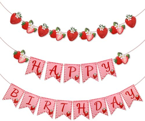 Strawberry Birthday Banner, Strawberry Themed Party Decorations Happy Birthday Hanging Banner for Baby Girl Shower Party Decor