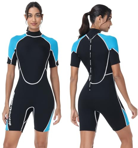 Owntop 1,5mm Shorty Neoprenanzug Damen Herren Kurz - Rücken-Reißverschluss Wetsuit zum Tauchen Surfen, Kurzarm Taucheranzüge Stretchen Neopren für Wassersport, Damen Blau XL