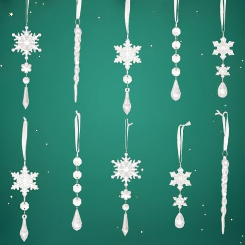 10 Pcs Christmas Tree Decorations, Crystal Christmas Tree Decorations, Hanging Acrylic Snowflake Icicle Drop Decoration with Silk Thread, Icicle Drop for Xmas Trees New Year Party Supplies