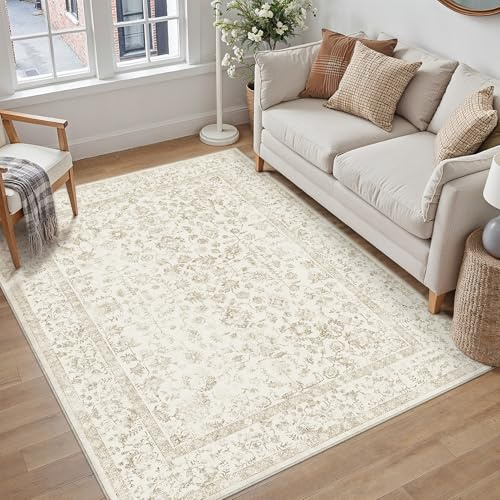PureCozy Teppich Wohnzimmer Beige 120x170cm Waschbarer rutschfest Teppiche | Weicher Kurzflor, Pflegeleicht, Vintage Carpet, Schlafzimmer, Esszimmer, Büro ,Kinderzimmer