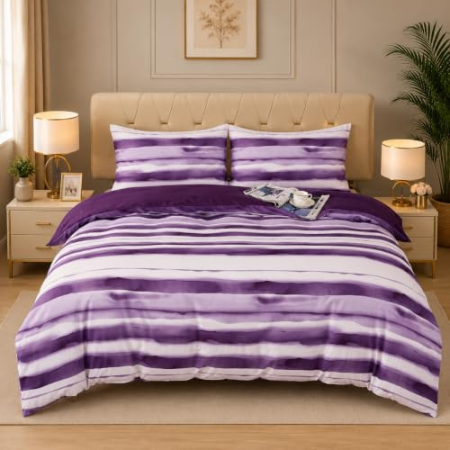 Feels Home Complete Set Bliss Purple Stripe 4 piece bedding set – King Duvet Cover, Fitted Sheet & 2 Pillowcases | Wrinkle-Resistant, Breathable & Long-Lasting